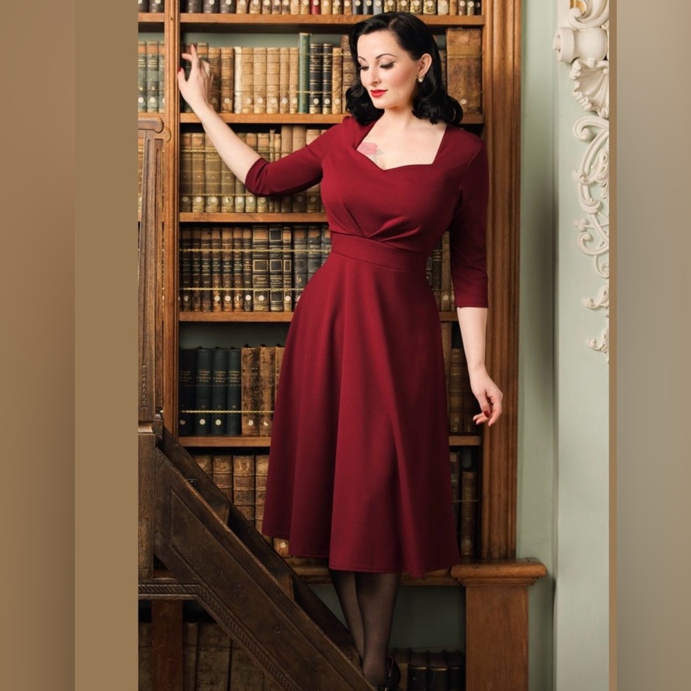 Vintage Chic for Top Vintage Pinup Swing Dress in Cranberry Red - Picture 2 of 8